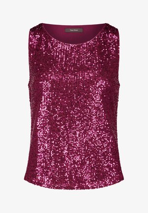 Fuchsia Pailletten-Oberteil mit ärmellosem Design, rundem Halsauschnitt und glatter Innenauskleidung. Funkelnde Oberfläche mit einem einheitlichen Paillettenmuster.