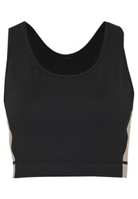 Svart sport-bh med rund halsringning och böjda sidor, med beige accenter. Tillverkad av stretchtyg med en mjuk yta.