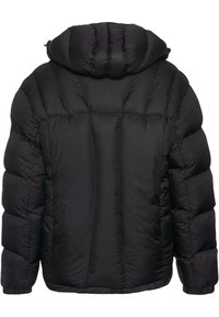 Doudoune noire avec capuche, dotée d'un design matelassé et de poignets élastiques. Fabriquée dans un matériau lisse et résistant à l'eau.