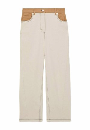 Vaaleat leveälahkeiset housut, joissa on vaaleanruskea vyötärö, korostusommeltu sauma, etupocketit ja napitus vyötäröllä. Silkkinen kangas.