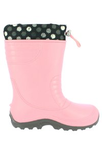 Roze rubberen laars met een zwarte en witte stippenstof manchet. Bevat een gestructureerd oppervlak, stevige zool en een trekkoord voor verstelbaarheid.