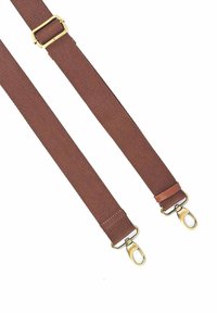 Brązowy materiałowy pasek z metalowymi klipsami w kolorze złotym na obu końcach, charakteryzujący się gładką teksturą i przeszytym brzegiem dla zwiększenia trwałości.