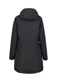 Manteau d'hiver long noir avec capuche, coupe droite et motif matelassé, présenté de dos sur fond blanc.