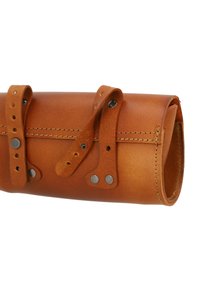 Brown leather roll-up case with two straps, silver metal rivets, and visible stitching. Smooth texture, cylindrical design.
