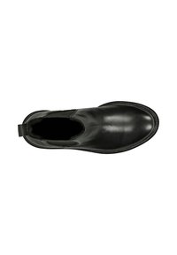 Zwarte leren enkelboot met een gladde oppervlak, ronde neus, elastische zijpanelen en een trekband aan de achterkant. Plat rubberen zool.