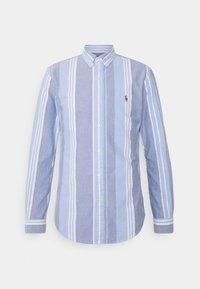 Randig skjorta med knappar som har ljusblå och vita färger i varierande bredd, tillverkad av ett mjukt tyg med klassisk krage och logotypdetalj.