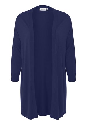 Cardigan bleu marine avec une coupe décontractée, devant ouvert, manches trois-quarts et accents côtelés au col et aux poignets. Tissu doux et léger.