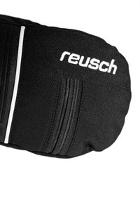 Gant de sport noir avec un tissu texturé, des bandes d'accentuation blanches et le nom de la marque "reusch" brodé en blanc sur le dessus.