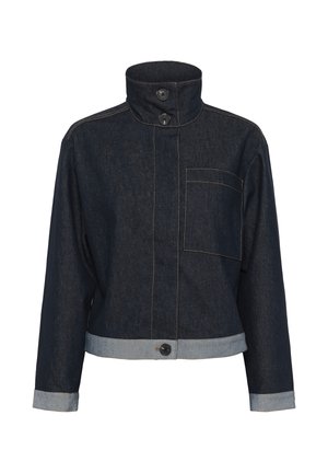 Dark denim jacket with high collar, two black buttons, single chest pocket, and light denim trim on cuffs and hem.