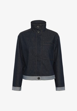 Dark denim jacket with high collar, two black buttons, single chest pocket, and light denim trim on cuffs and hem.