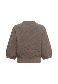 Pull en tricot marron avec un motif ondulé texturé, manches longues, poignets côtelés et un ourlet côtelé, vu de dos.