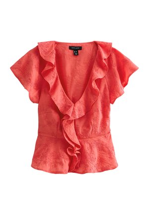 Blusa coral de manga corta con escote en V fruncido y textura bordada con flores, etiquetada New Look, talla UK 12 EU 40.