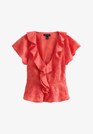 Blouse courte corail à manches courtes avec col en V à volants et texture brodée florale, étiquette New Look, taille UK 12 EU 40.