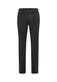 Dunkelgraue Slim-Fit-Hosen mit Gürtelschlaufen, Knopfverschluss und ohne sichtbare Muster oder Verzierungen.