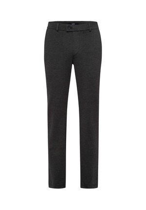 Dunkelgraue Slim-Fit-Hosen mit Gürtelschlaufen, Knopfverschluss und ohne sichtbare Muster oder Verzierungen.