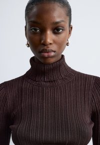 Brauner, gerippter Rollkragenpullover aus einem strukturierten Material, das enganliegend ist und einen dezenten Glanz hat. Das Design umfasst vertikale Streifen und einen hohen Kragen.