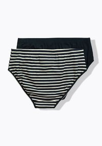 Two pairs of women’s underwear: one solid dark blue and one with horizontal navy and white stripes. Both feature elastic waistband and cotton fabric.