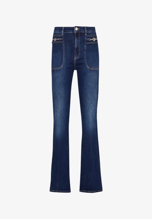 Jeans di jeans scuri a zampa d'elefante con vita alta, dotati di due tasche frontali, cuciture a contrasto e dettagli metallici vicino alla vita.