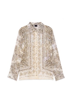 Langærmet cremefarvet bluse med brune, indviklede paisley- og blomsterprint, knappet foran og med klassisk krave.