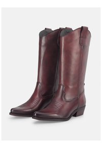 Burgunderfarbene Lederstiefel im Cowboy-Stil mit spitzer Zehenform, mittlerer Schafthöhe, dekorativen Nähten an der Zehe und einem leicht erhöhten Absatz.