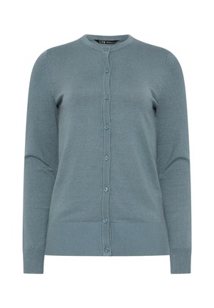 Lyseblå cardigan med lange ærmer og knapper, med ribbede manchetter og kant, samt rund halsudskæring.