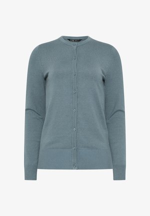 Hellblauer Langarm-Knopfstrickcardigan mit gerippten Bündchen und Saum sowie rundem Ausschnitt.