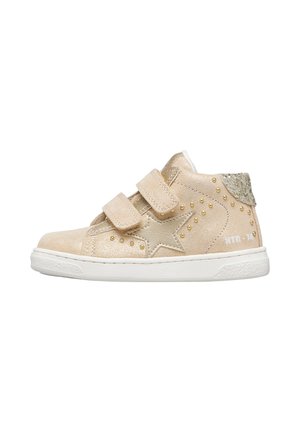 Beige high-top shoes with gold star accents, textured surface, two Velcro straps, and gold studs along the sides, featuring a white sole.