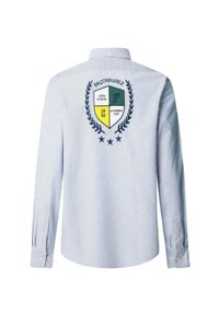 Gestreept blauw overhemd met lange mouwen, voorzien van borduursel van een schildontwerp met tekst en lauweraccenten op de rug. Met knoopmanchetten en een klassieke kraag.