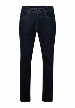 Dunkelblaue Slim-Fit-Jeans mit Druckknopf, Reißverschluss, Gürtelschlaufen und sichtbarem orangefarbenem Stich an Taschen und Nähten.