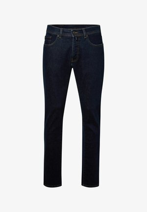 Donkerblauwe slim-fit jeans met knoop en rits aan de voorkant, riemlussen en zichtbare oranje stiksels op de zakken en naden.