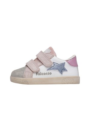 Sneakers en velcro avec une tige en cuir blanc, un bout étincelant argenté, des accents rose et gris, et un détail d'étoile bleue. Semelle en caoutchouc légère.