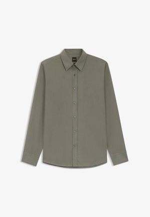 Herren-Olivgrünes Langarmhemd mit Knöpfen, Kragen, vorderen Knöpfen und kleinem, besticktem "BOSS"-Logo auf der linken Brust.