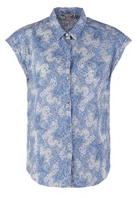 Blouse à manches courtes à motifs floraux bleu et blanc avec col pointu et boutons.