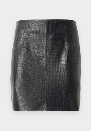 Black mini skirt with glossy crocodile texture and panel design, straight cut, made from faux leather material.
