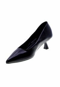 Scarpa nera in pelle con tacco alto, punta affilata, tacco basso a forma conica e texture liscia. Design classico adatto per ambienti formali.