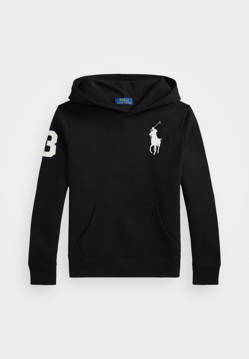 Melnā kapuce, izgatavota no kokvilnas sajaukuma, ar priekšējo kabatu, balto logotipu kreisajā krūtīs un numuru "3" labajā piedurknē.