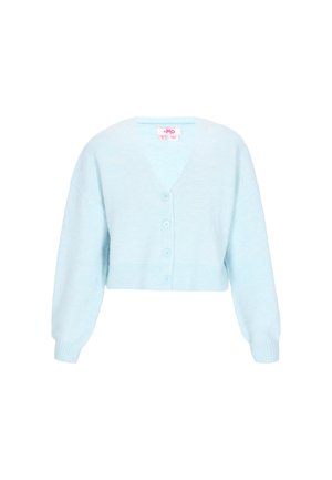 Lysblå cropped cardigan lavet af blødt materiale, med V-udskæring, fire knapper og brede, lange ærmer med ribkanter og kant.