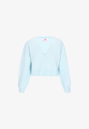 Lysblå cropped cardigan lavet af blødt materiale, med V-udskæring, fire knapper og brede, lange ærmer med ribkanter og kant.