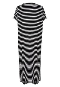 Black and white striped short-sleeve dress, loose fit, knee-length, with a round neck and side slits at the hemline. Soft texture.