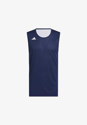 Top atlético sin mangas de color azul marino, fabricado en malla transpirable, con cuello redondo y logo de Adidas en blanco en el lado izquierdo.