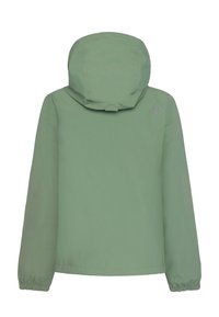 Hellgrüne Jacke mit Kapuze, elastischen Bündchen und schlichtem Design. Verfügt über ein kleines Logo auf der oberen rechten Rückseite. Glatte Textur.