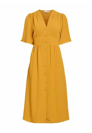 Mustard yellow midi dress with short flutter sleeves, V-neckline, button-down front, and fitted waist seam with gathered skirt.