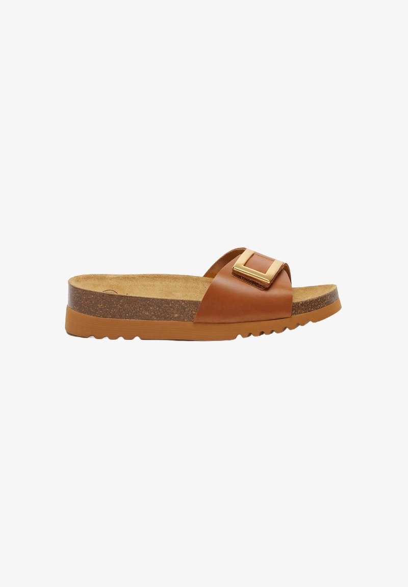 Brown leather slide sandal with a wide strap and a square buckle accent, featuring a textured cork footbed and a ridged rubber sole.
