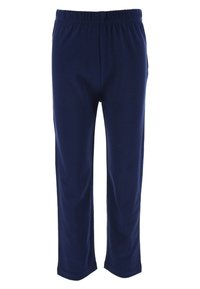 Pantalones de algodón azul marino con cinturilla elástica, diseño de pierna recta y sin bolsillos visibles. Textura suave con acabado en color sólido.