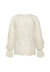 Blouse en dentelle blanche avec manches longues bouffantes, poignets à volants et une petite ouverture boutonnée au dos.