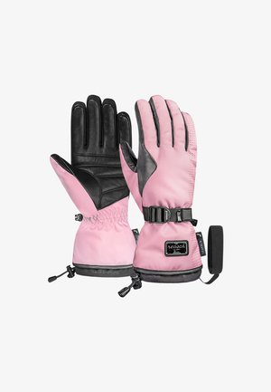 Guanti rosa con palmi in pelle nera, dotati di polsino arricciato, cinturini regolabili e un tessuto testurizzato per una presa e calore migliorati.