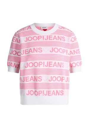 Weißes und pinkes kurzärmliges Strickoberteil mit wiederholtem "JOOP! JEANS"-Schriftzug und Herzmustern, mit Rundhalsausschnitt.