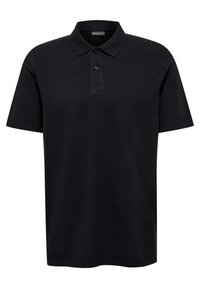 Black polo shirt made of cotton, featuring a classic collar, two-button placket, and short sleeves. Smooth texture with a relaxed fit.