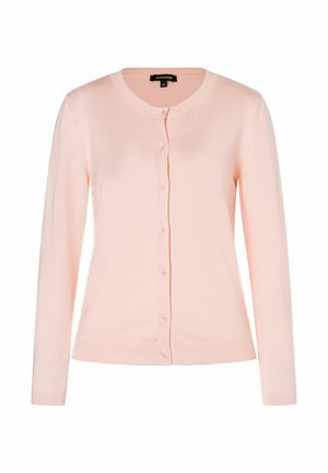 Light pink cardigan made from soft knit fabric, featuring a round neckline, long sleeves, and front button closure with clear buttons.