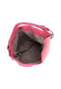 Borsa a secchiello in suede rosa con tracolla regolabile, interno in tessuto marrone a motivi di puntini rosa e tasca interna con zip.